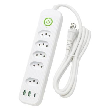 Imagem de Extensão Tomada Régua Elétrica 5 Tomadas, 2 entradas USB, 1 Porta USB Tipo-C, Cabo de Alimentação de 2 metros, Suporte a Tensão de 110-220V Filtro de Linha Bivolt Potência de 2500W (Branco)