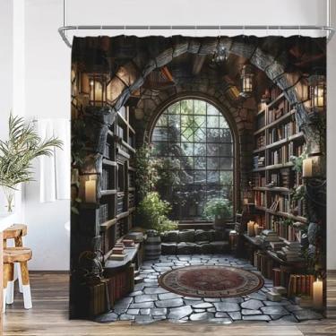 Imagem de Cortina de chuveiro vintage biblioteca medieval sala de estudo antigo castelo estante de livros decoração de banho tema de estudo cortina de banho de poliéster 55 x 71 pol. -140 x 180 cm/LxA cortina