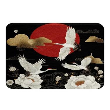 Imagem de Feelyou Tapete de porta de lã macia guindaste japonês preto dourado Ukiyoe tema poliéster tapete de banho anime asiático antiderrapante tapete de banho animal selvagem casa de banho tapete interior