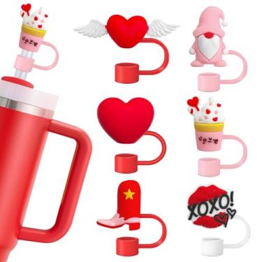 Imagem de 6 peças de tampas de palha de dia dos namorados para copo Stanley, bonito topo de palha de silicone para tampas de ponta de canudo de 10 mm acessórios de copo Stanley