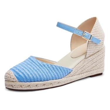 Imagem de Coutgo Sandálias femininas plataforma plataforma, alpargatas, ráfia, bico fechado, salto e fivela no tornozelo, sapatos de praia de verão, Azul, 37