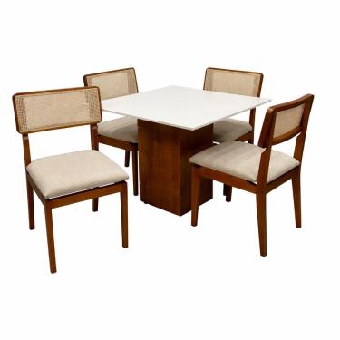 Imagem de Mesa de Jantar Dakota 90x90cm Sem Vidro e 4 Cadeiras Canada em Linho Madeira Cel Móveis Cor Cinamomo Off White com Tecido Bege