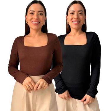 Imagem de Kit 2 Blusas Feminina Decote Quadrado Manga Longa - Maranne, Kit21, GG