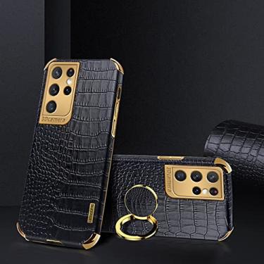 Imagem de Yepda Capa de Crocodilo Textura para Samsung Galaxy S21 Ultra Luxo Couro Capa Suporte de Anel de Rotação de 360 Graus Anti Impacto com Proteção de Câmera protetora à prova de choque 6.8 polegadas, Preto