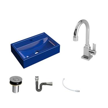 Imagem de Kit Cuba Q45 C/Torneira Luxo 1195 Metal + Válvula Click 1''B (2,6cm) + Sifão Cromado + Flexível Azul Escuro