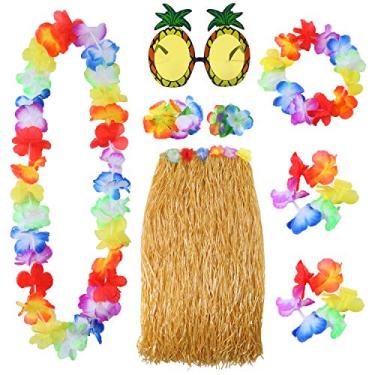 Imagem de Elcoho Conjunto de 8 peças de óculos de sol com saia de grama Leis e pulseiras, decorações Luau para crianças e adultos, Cor da grama, M