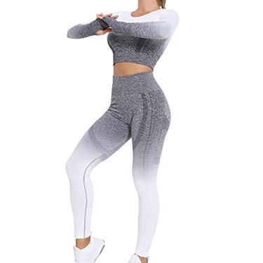 Imagem de Yajun Roupas de ioga gradiente femininas sem costura lindo conjunto de sutiã esportivo de secagem rápida colete de treino levanta bumbum calças de ginástica, cinza, M (peito: 35cm)