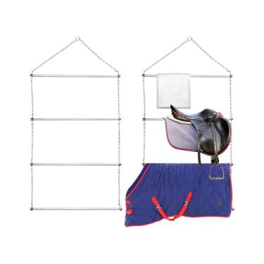 Imagem de QWORK Suporte de cobertor para cavalos – 60 x 115 cm, 2 unidades de aço inoxidável resistente, 4 trilhos, armazenamento suspenso para cobertores/toalhas/blocos/sela, organizador resistente à ferrugem