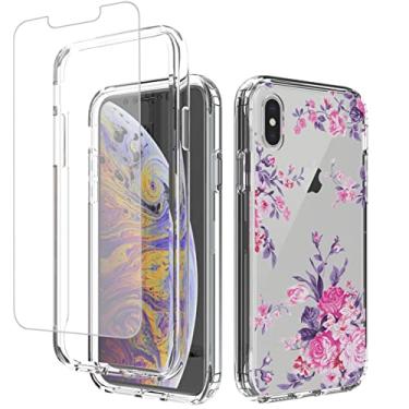 Imagem de Zoeirc Capa para iPhone Xs, capa para iPhone X, com protetor de tela de vidro temperado, capa macia 360 à prova de choque híbrida transparente para Apple iPhone Xs/X de 5,8 polegadas (flor rosa)