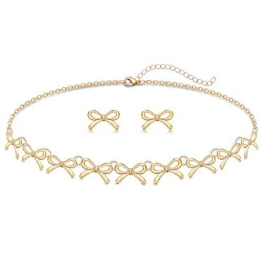 Imagem de CEALXHENY Brincos de colar de laço de ouro para mulheres, gargantilha, colar, fita, laço, brincos, verão, praia, laço, acessórios de joias, roupas, presentes de férias, Metal, Sem Pedra Preciosa