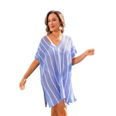 Imagem de Camisa de praia Crochê Maiô Cover Up, Listrado Oco Out Verão Oco Solto Biquíni Praia Camisa Suéter type1