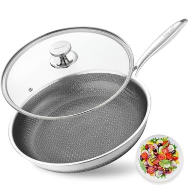 Imagem de Dingerkit Frigideiras antiaderentes, frigideira antiaderente de 30,5 cm com tampa - Frigideira de ovo de aço inoxidável com colmeia para panelas - Fogão de cerâmica a gás de indução e frigideira