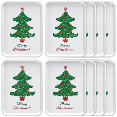 Imagem de Uiifan Pacote com 10 bandejas reutilizáveis de servir de Natal 33 x 10 polegadas pratos de servir melamina travessa resistente para árvore de Natal placa retangular bandejas de aperitivos de plástico para festas de Natal Natal biscoitos comida sobremesa