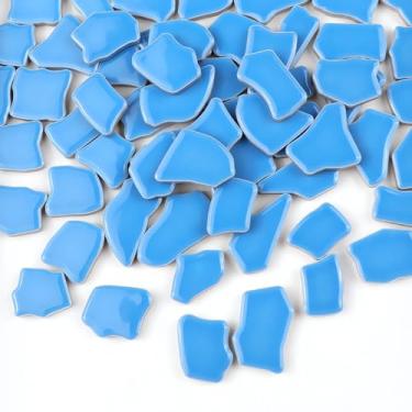 Imagem de PINUO&KE 400 g de cerâmica irregular com cola, azulejo de mosaico para adultos, crianças, artesanatos, para uso ao ar livre, banheiro, cozinha, decoração de casa, projetos de arte DIY (azul lago)