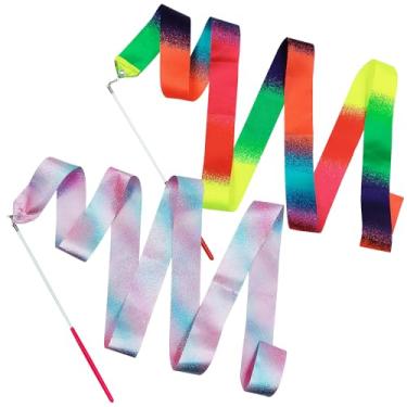Imagem de IOUALEY 2 fitas de dança, fitas de ginástica rítmica de 78,7 polegadas fitas giratórias cintilantes de dança streamamer arco-íris com varinhas giratórias para treinamento artístico de ginástica de