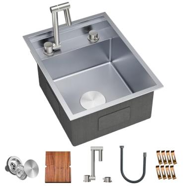 Imagem de TORVA Pia de cozinha para trailer, 40,6 x 53,3 x 23,8 cm, pia de barra de aço inoxidável calibre 16 com placa de corte dobrável, cinza