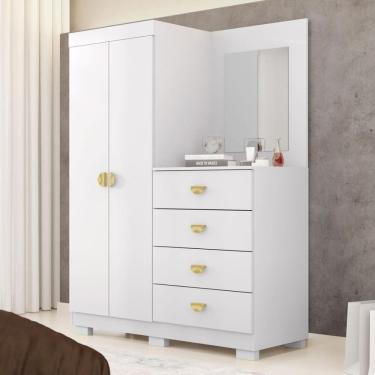 Imagem de Cômoda Roupeiro Com Espelho 2 Portas 4 Gavetas Cristal - Branco-camarim Branco-camarim