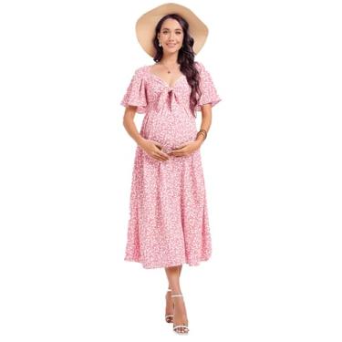 Imagem de FUNJULY Vestidos de maternidade para chá de bebê, feminino, gola V, comprimento até o joelho, vestido de chá de bebê, Laranja-fc, G