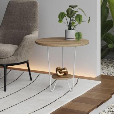 Imagem de Mesa Lateral Redonda Industrial Italy Ferro Branco e Tampo Freijó - Up