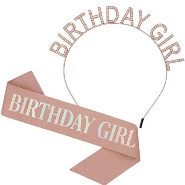 Imagem de Shimmer Anna Shine Birthday Crown and Sash Set, Rose Gold Rhinestone Birthday Girl Tiara Headband, Party Decorations for Women and Girls