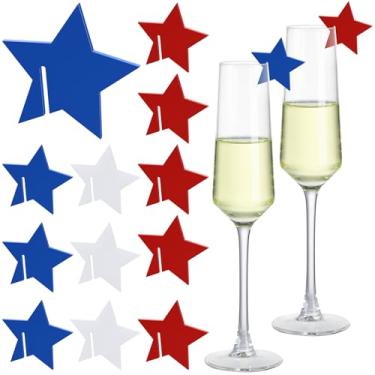 Imagem de Colingmill 50 peças de marcadores de taça de champanhe do Dia da Independência, pingentes patrióticos em forma de estrela, decorações de copo de vinho com acrílico vermelho, branco, azul, para festa