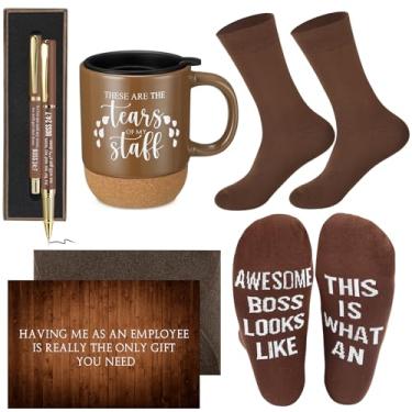 Imagem de ReliThick 6 peças de presente engraçado do chefe para homens incluídas 382 g Tears of My Staff caneca de cerâmica meias esferográficas com caixa de caneta, envelope de cartão de dia do chefe, presente