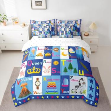 Imagem de Feelyou Conjunto de cama infantil com alfabeto ABC em uma bolsa, 7 peças, tamanho king, conjunto de edredom educacional com lençóis, meninos e meninas, decoração de quarto de adolescentes, 7 peças