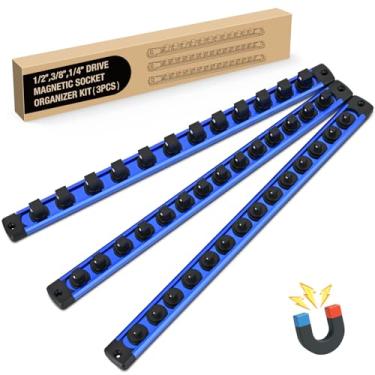 Imagem de GOOACC Organizador de soquete magnético 1/10.2 cm 3/20.3 cm 1/5.1 cm Conjunto de suporte de soquete de alumínio resistente organizadores de trilho para gaveta de caixa de ferramentas, 3 peças de