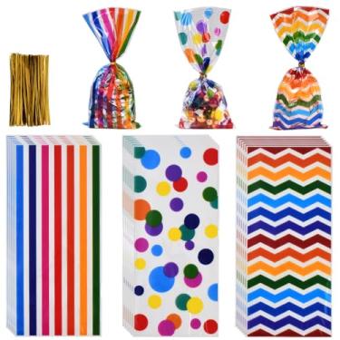Imagem de SOFPLATE 100 unidades de sacos de celofane coloridos de 27 x 12 cm, pequenos sacos de doces com laços retangulares arco-íris linha de bolinhas, bolsas de guloseimas acessórios para biscoitos, sabonete