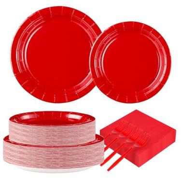 Imagem de Conjunto de pratos e guardanapos de papel vermelho grego para aniversário, casamento, família, chá de panela, primavera, piquenique, formatura, decoração de festa, serve 50