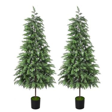 Imagem de Árvore de Natal artificial de 1,8 m para ambientes internos com vaso, decoração de Natal de cipreste Norfolk, árvore artificial em vaso realista para decoração de Natal, varanda, jardim, feriado