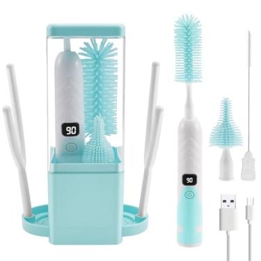 Imagem de Limpador elétrico de escova de mamadeira, kit de escova portátil para limpeza de mamadeiras com bico de silicone e escova de palha, rack de drenagem, limpeza eficiente de um botão, caixa de