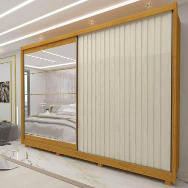 Imagem de Guarda Roupa Casal 2 Portas De Correr Ripado Com Espelho Kit Pé Apolo Naturale - Gelius