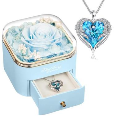 Imagem de Colar de rosa azul claro real preservado com asas de anjo - NEWNOVE