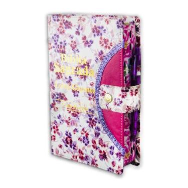 Imagem de Bíblia Sagrada Gigante - Botão - Floral Branco - C/ Harpa - REI DAS BI