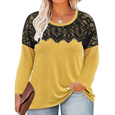 Imagem de Blusas RITERA Plus Size de renda para mulheres de manga comprida amare