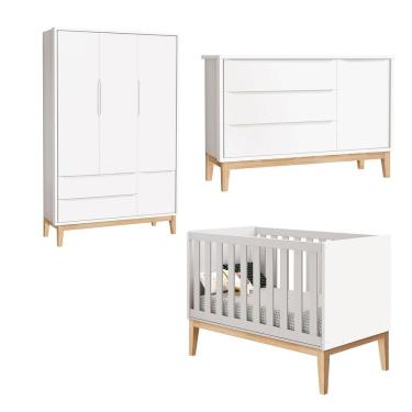 Imagem de Jogo De Quarto Para Bebê Completo 3 Portas Classic New Branco Fosco Com Natural - Reller