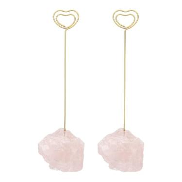 Imagem de PATIKIL Suporte de número de mesa, 2 peças de suportes de clipe de foto, pedra de cristal, quartzo, porta-cartões, em formato de coração cru, para notas de ferro, para festa de casamento, decoração de