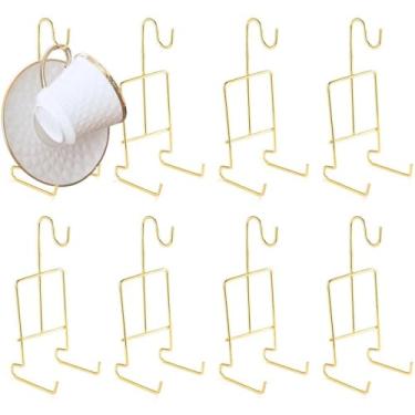 Imagem de Chewtoyo Suporte de metal para caneca e pires com acabamento dourado, 8 peças de suportes de xícara de chá e pires, suporte de exibição de xícara e pires, organizador de caneca de café para chávenas
