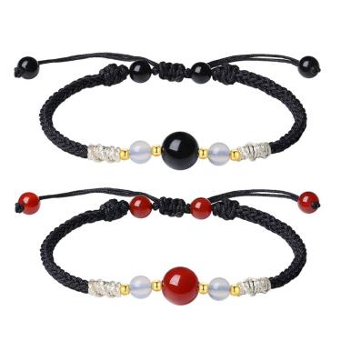 Imagem de Pulseiras de casal S925: prata, ágata vermelha e obsidiana preta