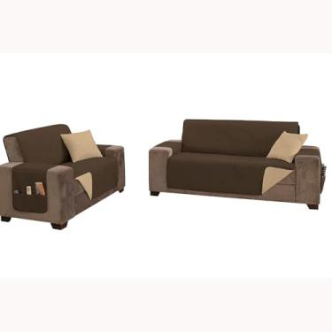 Imagem de Kit 2 Capas Impermeáveis Protetoras de Sofá Modelo King de 2 e 3 Lugares, Assentos 1,20m e 1,80m, Dupla Face (King 2 e 3 Lugares Cáqui/Marrom)