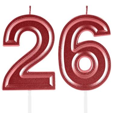 Imagem de Velas de aniversário de 26 anos, numerais vermelhos, 26 topper de bolo, decoração para meninas e meninos, tema de aniversário, festa de casamento, artigos de celebração