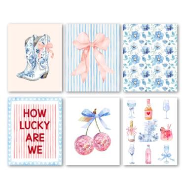 Imagem de Bgohrd Conjunto de pôsteres rosa e azul, laço floral rosa cereja taça de vinho impressões de arte de parede para decoração de sala de estar, pôster de pintura com citação positiva para quarto de