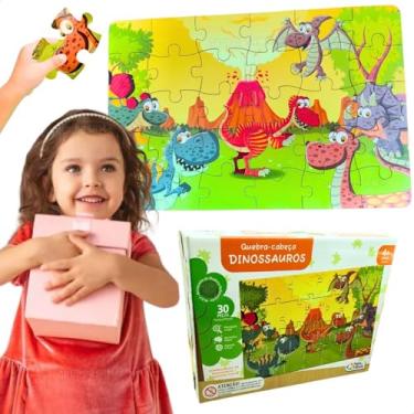 Imagem de Quebra Cabeça educativo Infantil Puzzle Dinossauro Floresta madeira MDF 30 Peças Grandes 43 x 28 cm criança 5 anos Brinquedo Pedagogico escolar creche ensino fundamental (Floresta)