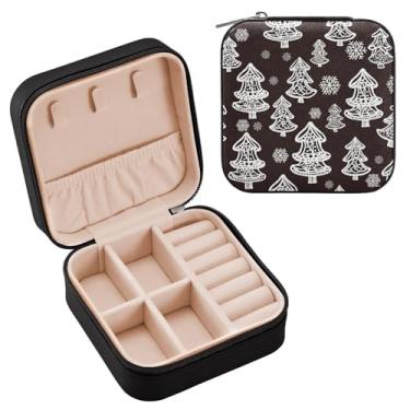 Imagem de Wassud Caixa de joias de viagem com árvores de Natal brancas para mulheres, meninas, senhoras, noiva, mini organizador de joias de couro PU, caixa quadrada de armazenamento de joias para brincos