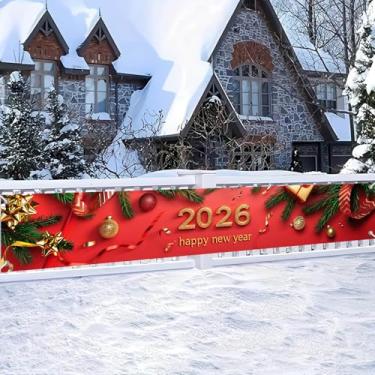 Imagem de HOMETITUTE Feliz Ano Novo 2026 Banner 118x20 polegadas Ouro Vermelho Decoração Pano de Fundo Outdoor Ano Novo Artigos de Festa Parede Quintal Cerca Varanda Banner Pendurado Feriado Celebração Foto