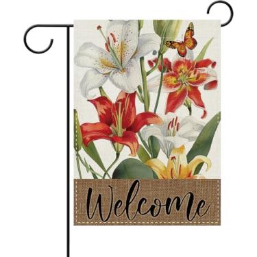 Imagem de Dyrenson Welcome Primavera Verão Flor de Lírio Decorativa Bandeira de Jardim, Borboleta Floral Rústica Jardim Botânico Exterior Decoração de Casa, Serapilheira Exterior Pequena Decoração Dupla Face 12