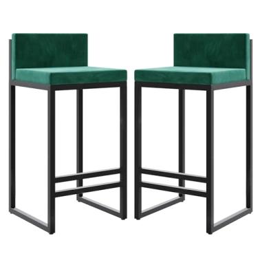 Imagem de Banquetas de veludo com altura para balcão com apoio para os pés nas costas para cozinha, banquetas modernas de metal, cadeiras de bar estofadas, bancos de ilha - verde, 2 peças, 65 cm de altura