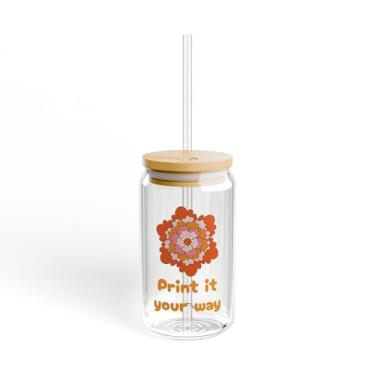 Imagem de Mandala de flor retrô laranja adiciona texto de nome personalizável 473 ml copo de vidro com tampa e canudo