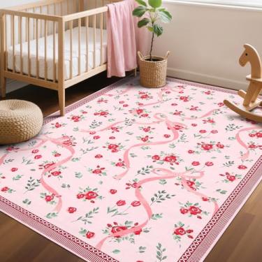 Imagem de GarveeHome Tapetes de Natal vermelhos para quarto de meninas, 10 x 15 cm para sala de estar com pelo baixo macio, tapete floral lavável vermelho para berçário, crianças, sala de jogos, dormitório